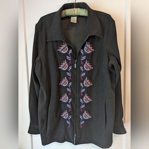 Bob Mackie Wearable Art XL zip jacket black flowers M buttons long sleeve